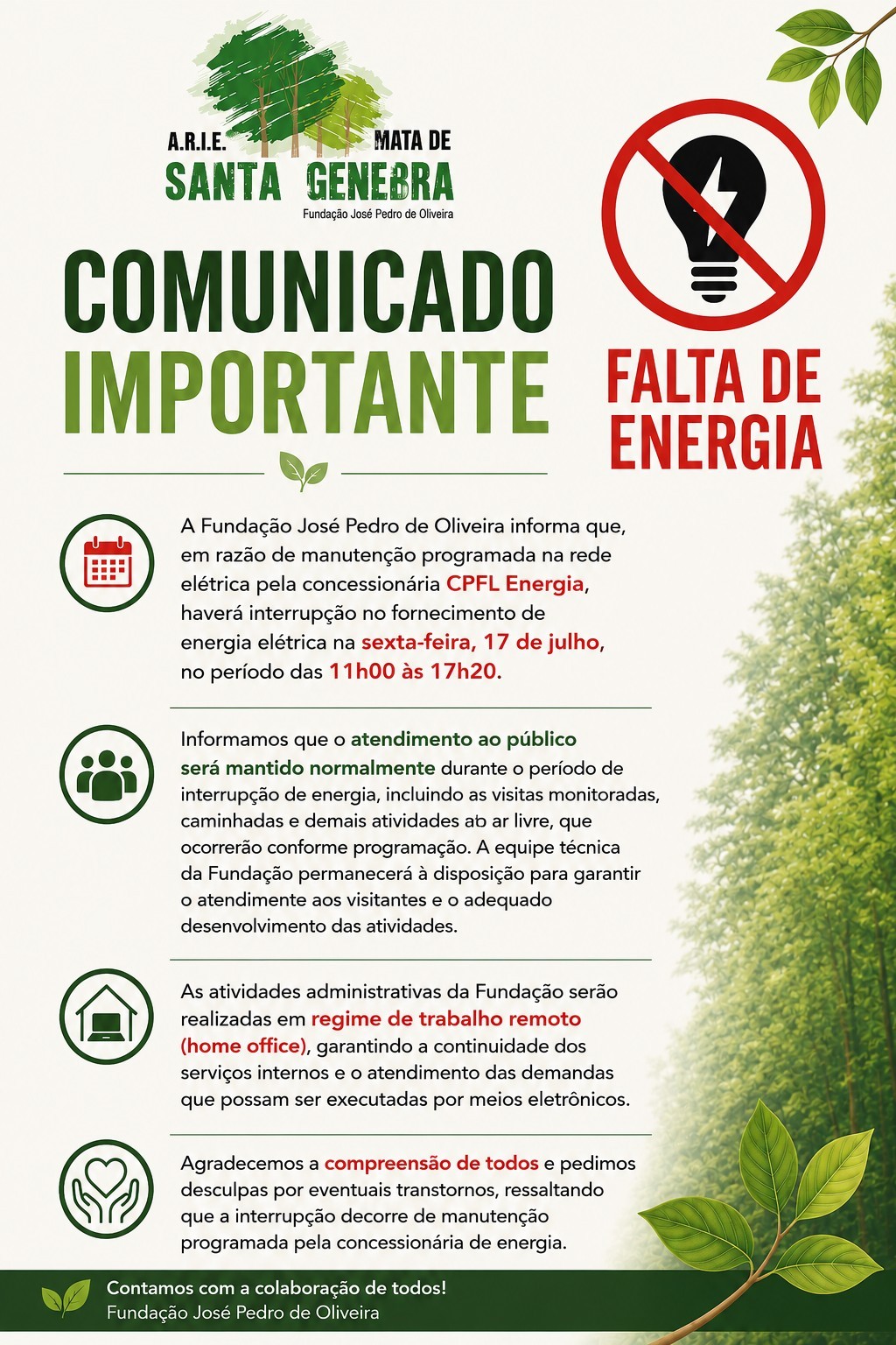 AVISO IMPORTANTE Manutenção Programada da Rede Elétrica – Alteração no Atendimento Administrativo